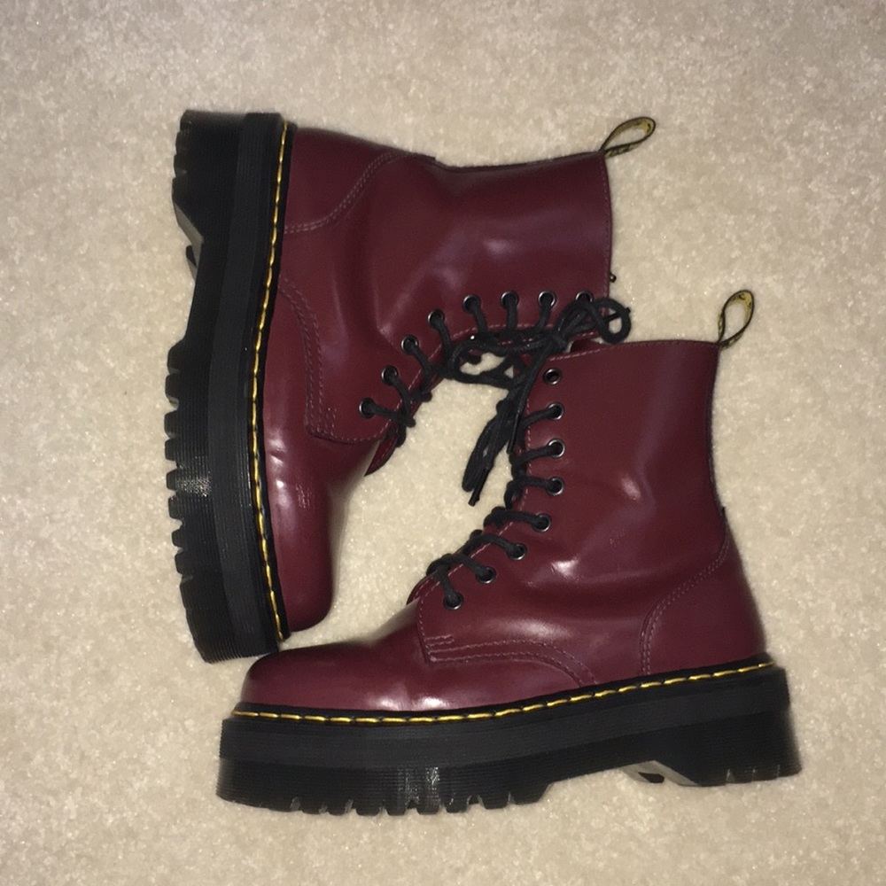 Doc Martens cherry red platform (Jadon) boots.